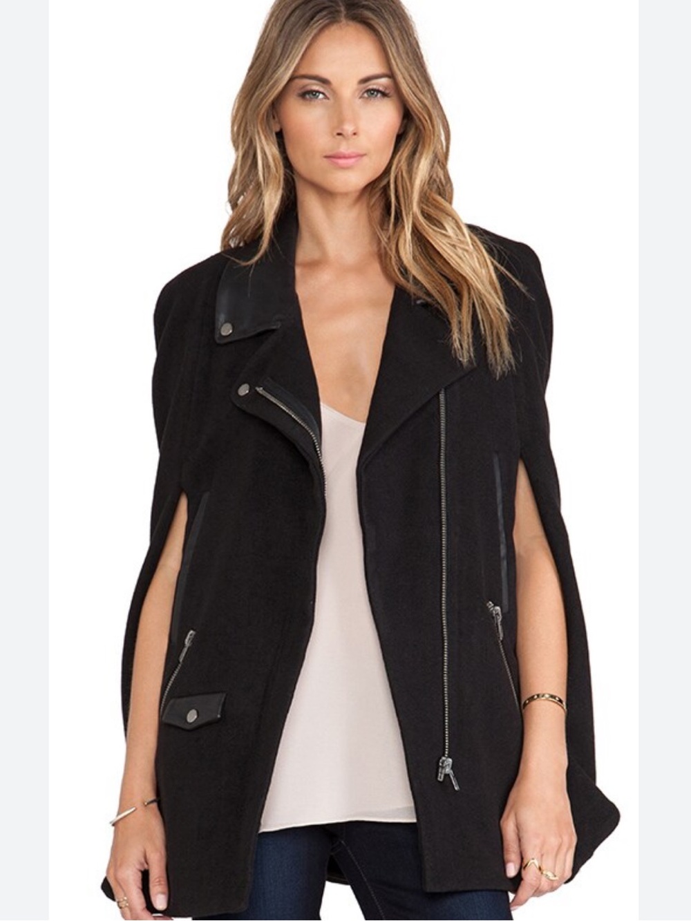 Lovers + Friends Black Moto Cape Jacket with Zip Details